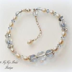 Something Blue Bridal Bracelet, Pearl And Crystal..