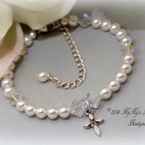 White Pearl Flower Girl Bracelet, Baptism..