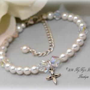 White Pearl Flower Girl Bracelet, Baptism..