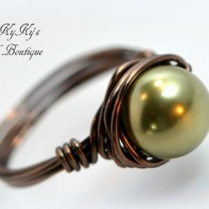Bridesmaid Pearl Ring Bronze Wire Wrapped Ring,..