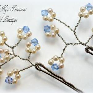 Pearl And Sapphire Bridal Hair Pins Set Of 2,..
