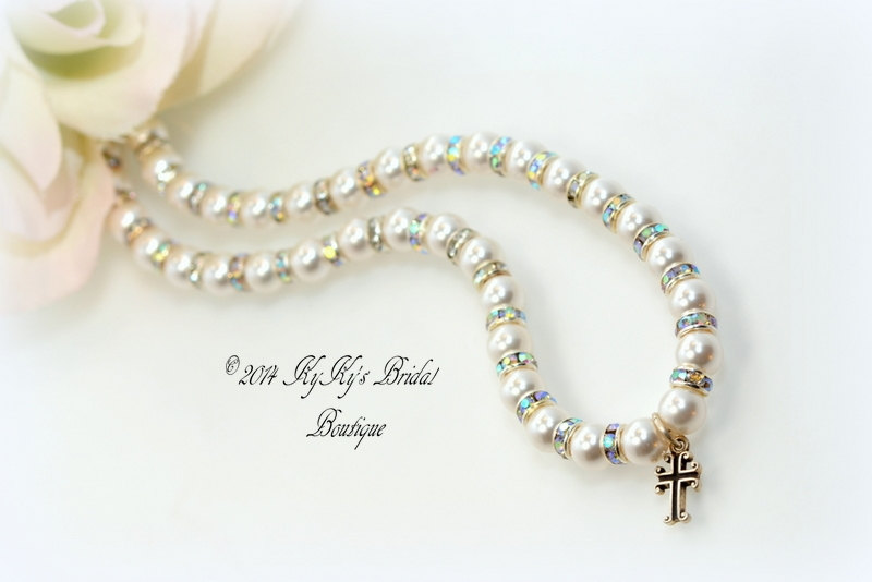 Pearl Flower Girl Cross Necklace, Flower Girl Jewelry, Baptism Necklace, Keepsake Gift, Christening Gift
