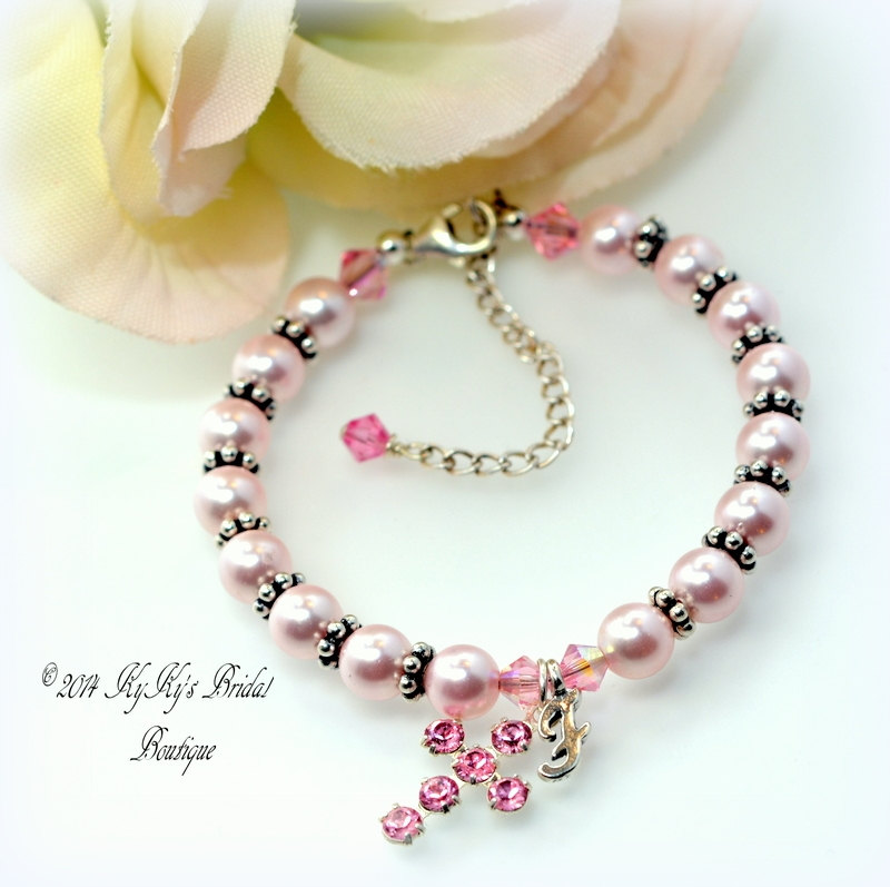 Personalized Flower Girl Bracelet With Crystal Cross Charm, Flower Girl Gift, Pick Your Colors, Personalized Jewelry