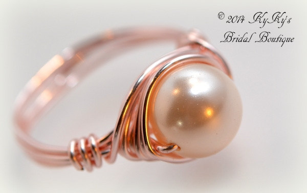 Bride And Bridesmaid Rose Gold Pearl Ring, Wire Wrapped Bridal Ring, Right Handed Ring, Wedding Jewelry