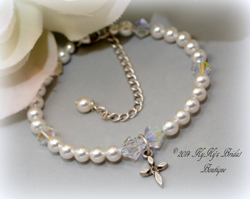 White Pearl Flower Girl Bracelet, Baptism Bracelet, Christening Gift, Flower Girl Gift