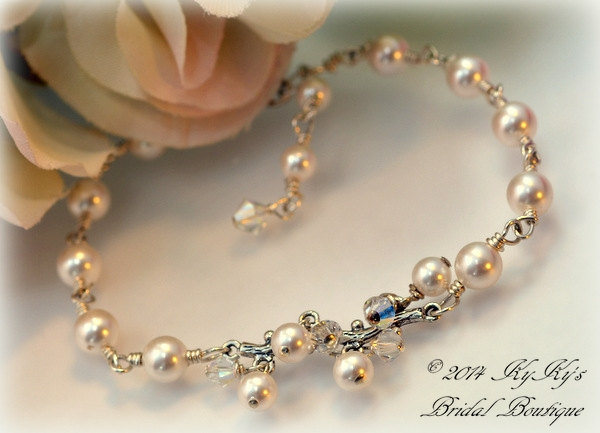 Bridal Bracelet Wire Wrapped Swarovski Pearls, Sterling Silver Bracelet, Wedding Jewelry