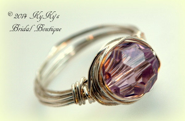 Bridal Sterling Silver Crystal Ring, Sterling Silver Wire Wrapped Ring, Right Handed Ring, Bridesmaid Ring