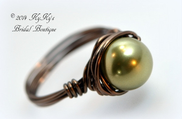 Bridesmaid Pearl Ring Bronze Wire Wrapped Ring, Right Handed Ring, Wedding Jewelry