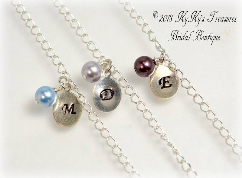 Personalized Initial Bridesmaid Bracelet With Swarovski Pearl Drop, Sterling Silver, Hand Stamped Jewelry, Wedding Jewelry, Choose Colors