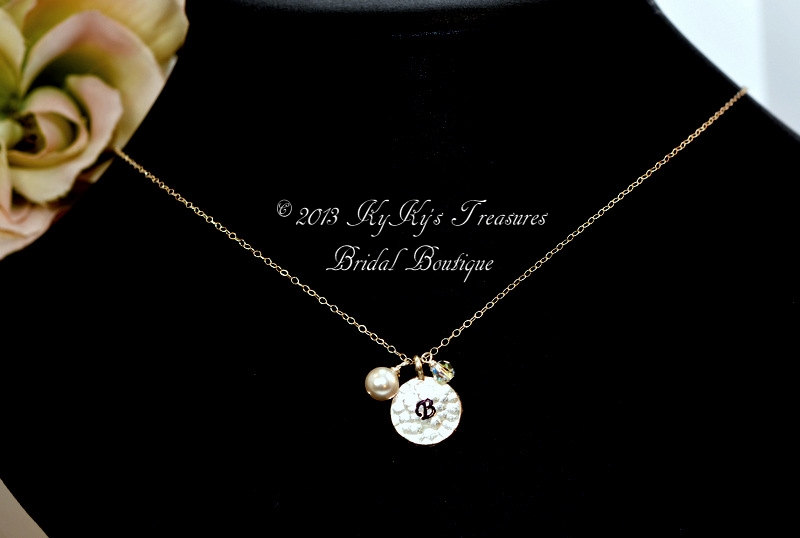 Personalized Initial Bridal Necklace With Swarovski Pearl Charm, Sterling Silver, Hand Stamped Jewelry, Bridal Jewelry, Wedding Jewelry,