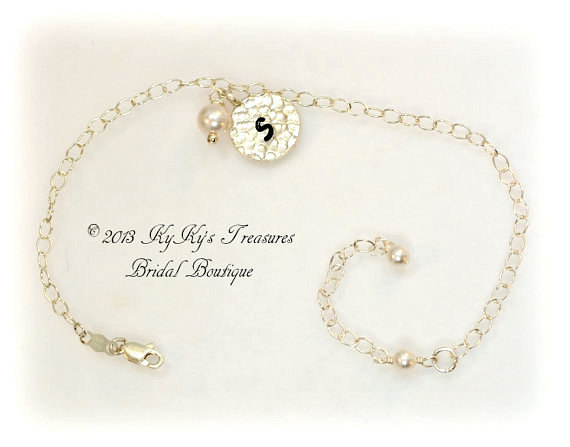 Initial Bridal Bracelet With Swarovski Pearl Drop, Sterling Silver, Bride, Monogram, Bridal Jewelry, Wedding Jewelry, Hand Stamped Jewelry