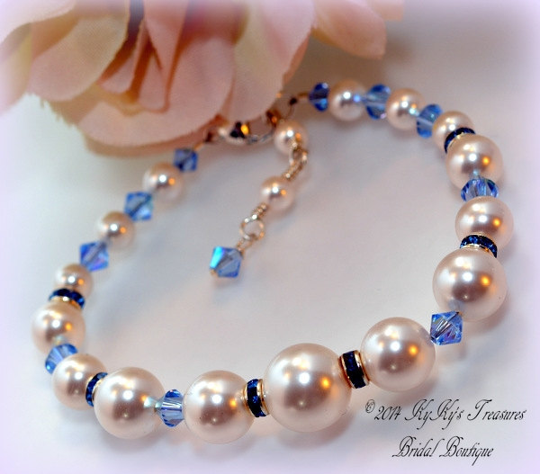 Bridal Bracelet, Something Blue, Pearl Bracelet, Swarovski Pearls, Sapphire Bracelet, Prom Jewelry