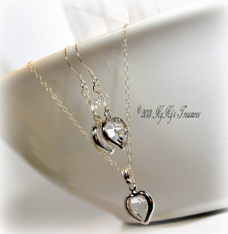 Sterling Silver Swarovski Crystal Heart Pendant Bridal Necklace & Earring Set, Valentines Day, Valentines Jewelry