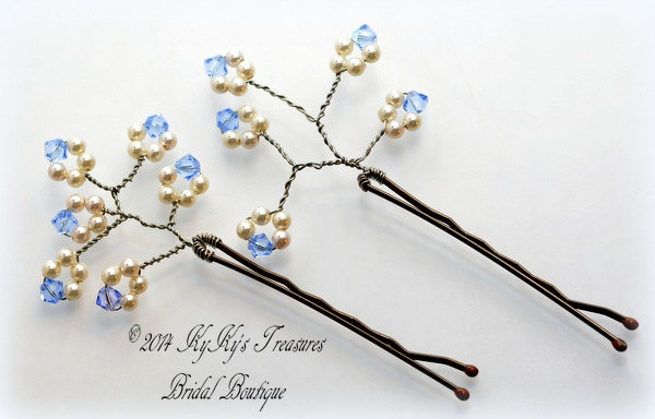 Pearl And Sapphire Bridal Hair Pins Set Of 2, Something Blue, Bridal Hair Accessories, Wedding Accessories, Pearl Bobby Pins