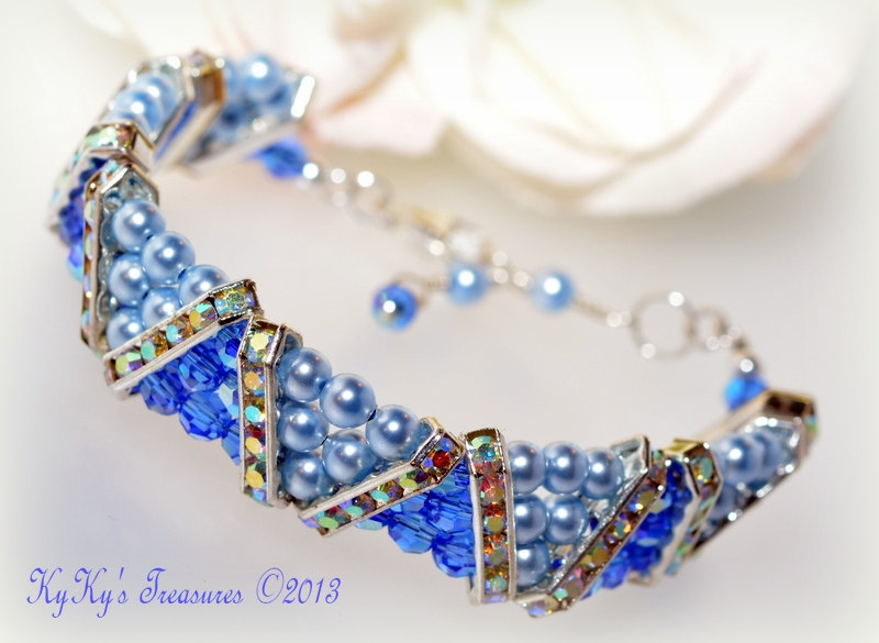Bridal Bracelet Sapphire Swarovski Pearl & Crystal Three Strand With Sterling Silver Clasp, Sapphire Bracelets, Pearl Bracelets,