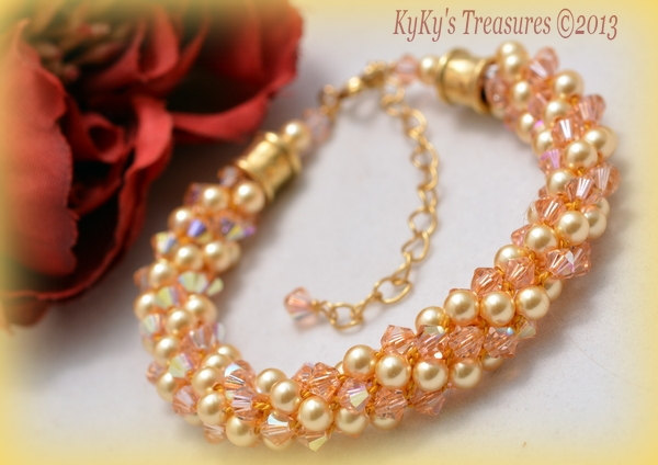 Gold And Rose Peach Swarovski Crystal & Pearl Kumihimo Bracelet With Gold Plated Clasp, Crystal Bracelets, Pearl Bracelets, Woven