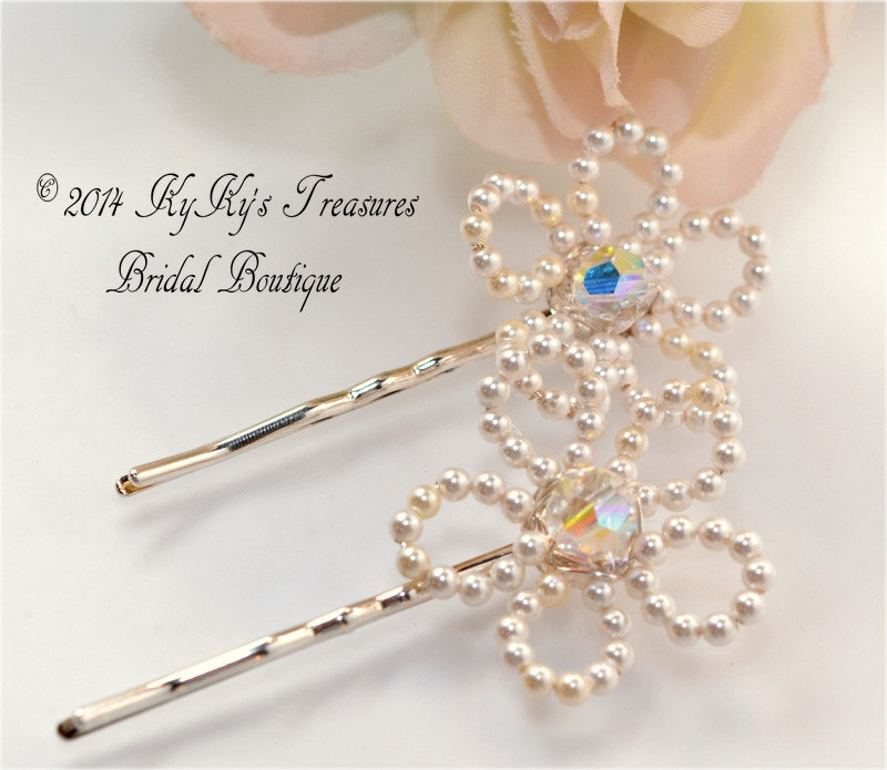 Set Of 2 Swarovski Pearl Flower Bobby Pins For Brides And Flower Girls, Choose From Cream, Creamrose Or White, Wedding Accessories, Bridal H