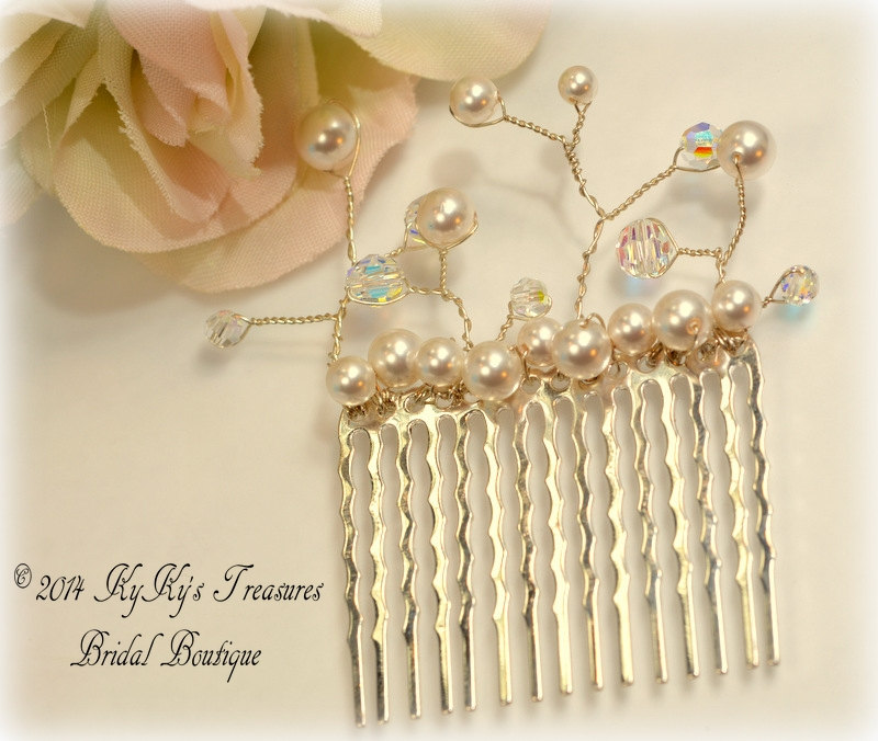 Silver Bridal Hair Comb With Swarovski Pearls & Crystals Wrapped On Sterling Silver Wire, Bridal Accessories, Bridesmaid Accessories,