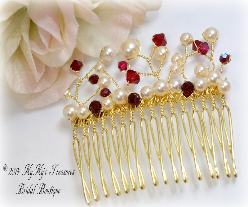 Gold Bridal Or Bridesmaid Comb With Swarovski Pearls & Crystals, Choose Your Colors, Wedding, Bridal Hair, Bridesmaid Accessory, Bridal