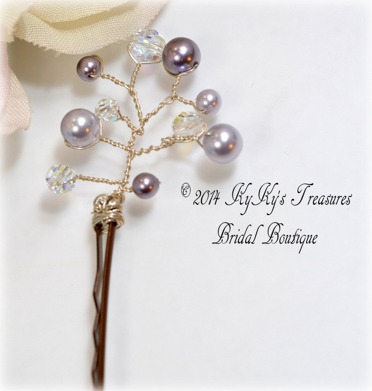 Bronze Bridal Bobby Pin With Swarovski Pearl & Crystal Wire-wrapped Branches On Sterlng Silver Wire, Bridal Hair Accessories, Bridesmaid