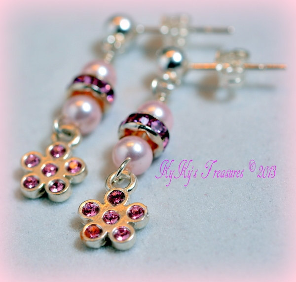 Flower Girl Earrings With Sterling Silver Flower Or Heart Charms, Wedding Jewelry, Flower Girl Earrings, Pearl Earrin