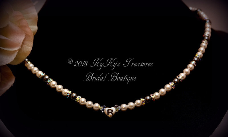 Personalized Bridal Necklace, Bridesmaid Necklace, Initial Necklace, Swarovski Pearl & Crystal, Sterling Silver Heart Shaped, Wedding