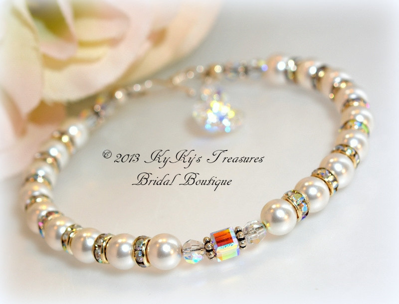 Swarovski Pearl & Crystal Bridal Bracelet With Crystal Heart Charm, Bridal Jewelry, Wedding Jewelry, Bride, Pearl Bracelet, Bridal