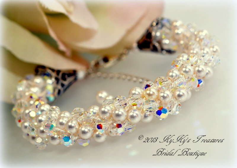 Swarovski Pearl And Crystal Bridal Bracelet, Bridal Jewelry, Wedding Jewelry, Custom Bracelet, Pick Your Colors, Kumihimo Bracelet