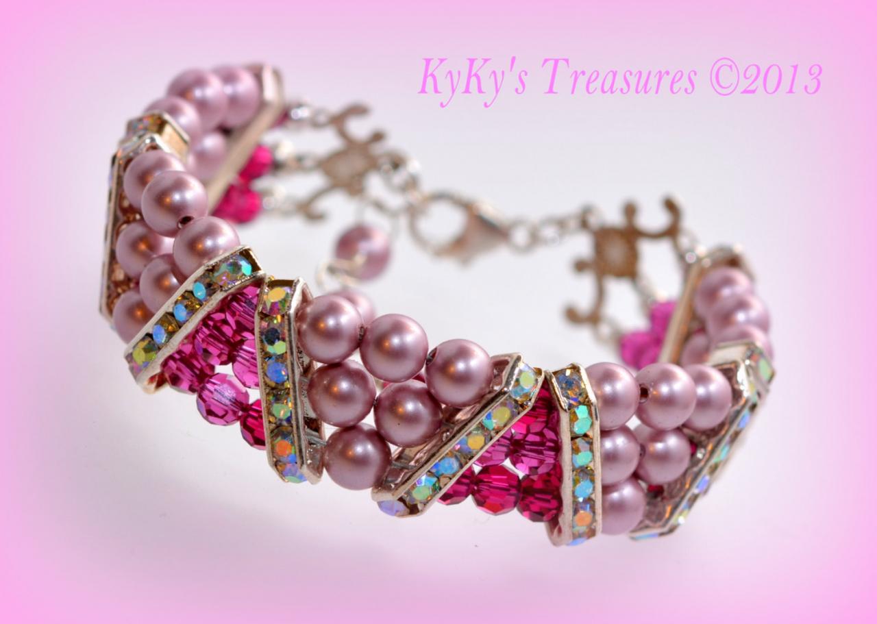 Pink Three Strand Swarovski Crystal & Pearl Bracelet W/sterling Silver Clasp, Pink Bracelets, Awareness Jewelry, Crystal Bracelets