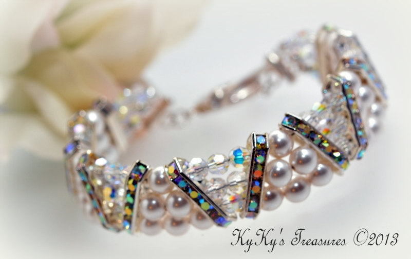 White Swarovski Pearl & Crystal Three Strand Bridal Bracelet With Sterling Silver Toggle Clasp, Bridal Bracelets, Bridal Jewelry